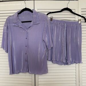 Purple Pleated Shirt and Shorts Set